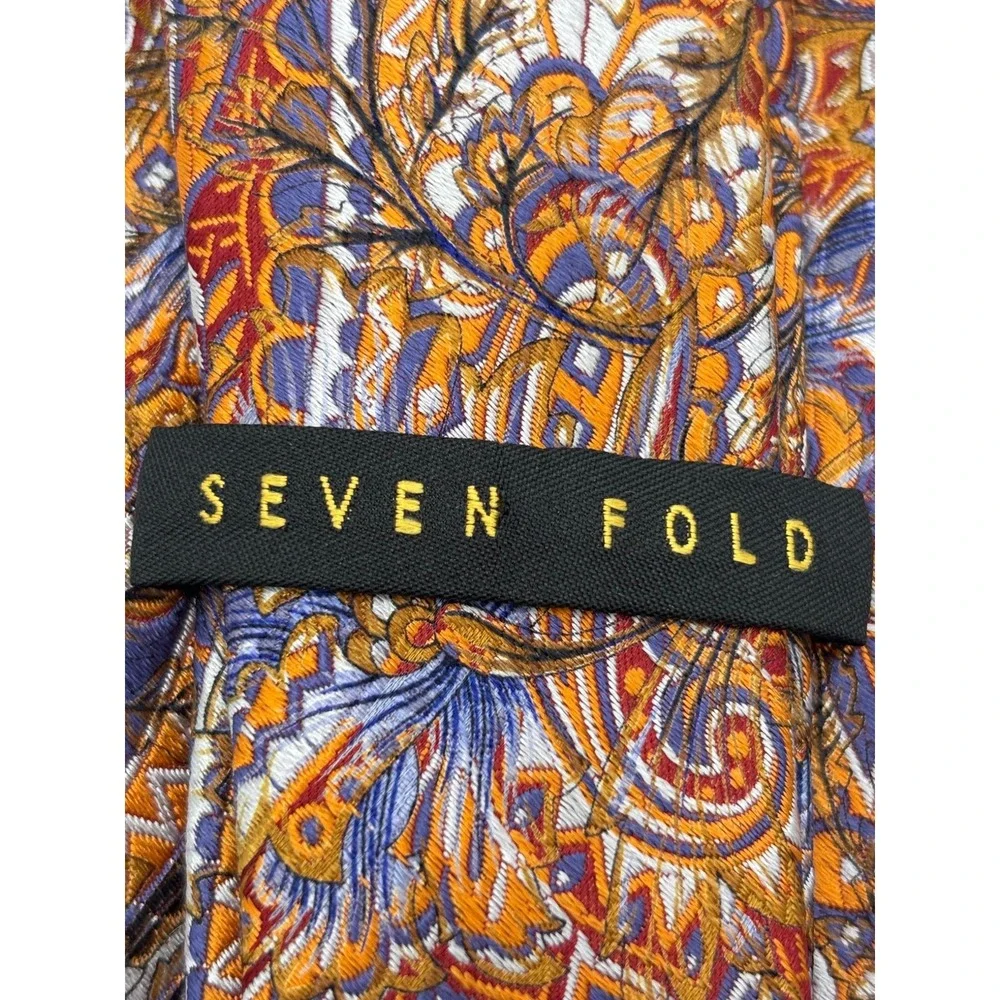 Seven Fold Mens Silk Tie Orange Purple Gold Paisley Floral Brocade Woven Luxury